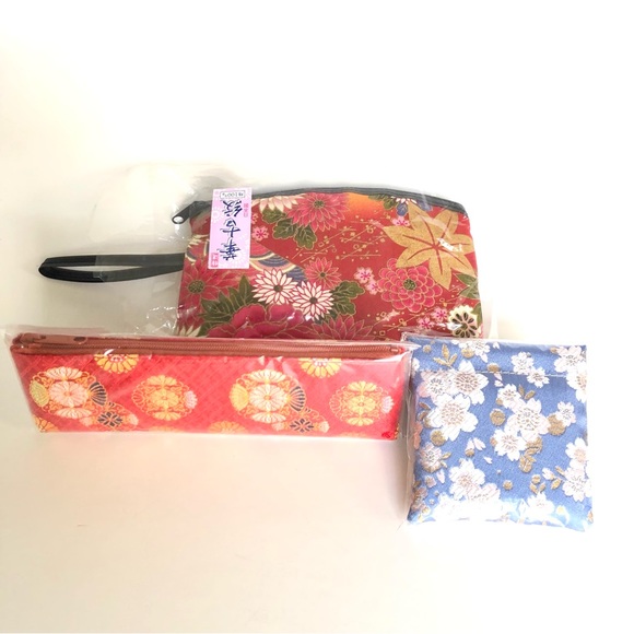 NEW Fujisan Canvas Metallic Floral Print Set Wristlet Coin Purse Eyeglass Case - Picture 7 of 7